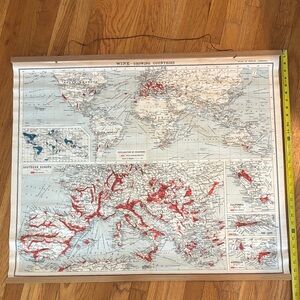 Vintage World Map Wall Chart with Red Highlighted Regions